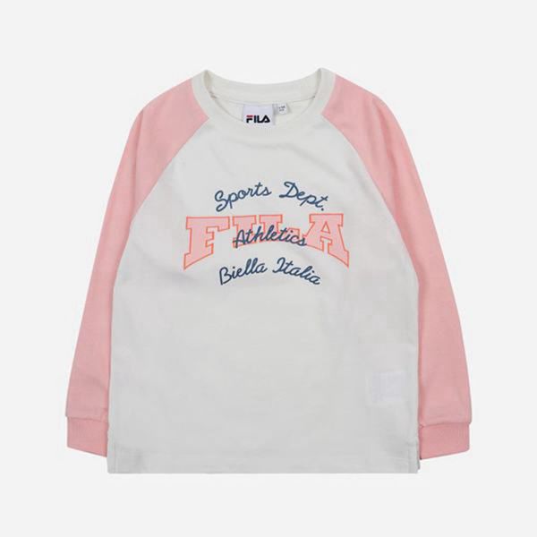 Fila School Crew Neck L/S Boy's T-Shirts - White/Pink,NZ 354-26190